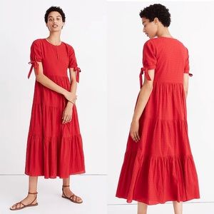 Madewell | Tie-Sleeve Tiered Midi Dress in Swiss Dot, S